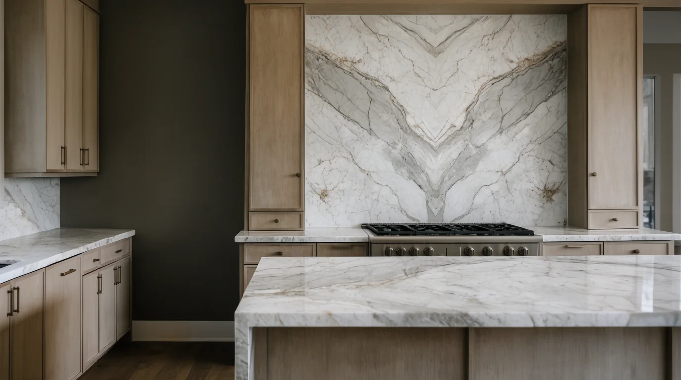 AI-generated kitchen concept with a symmetrical bookmatched stone backsplash and broad island