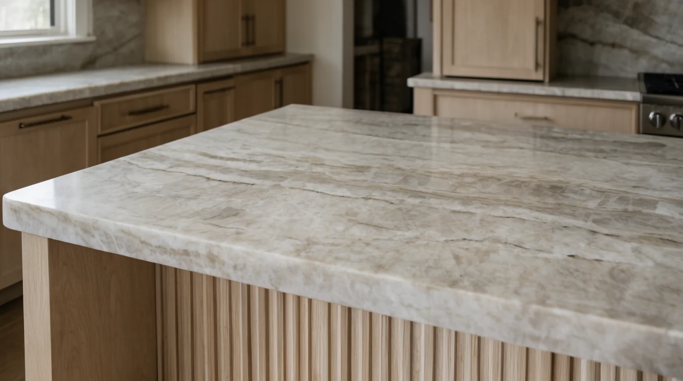 AI-generated kitchen concept focused on a cream quartzite-style island surface