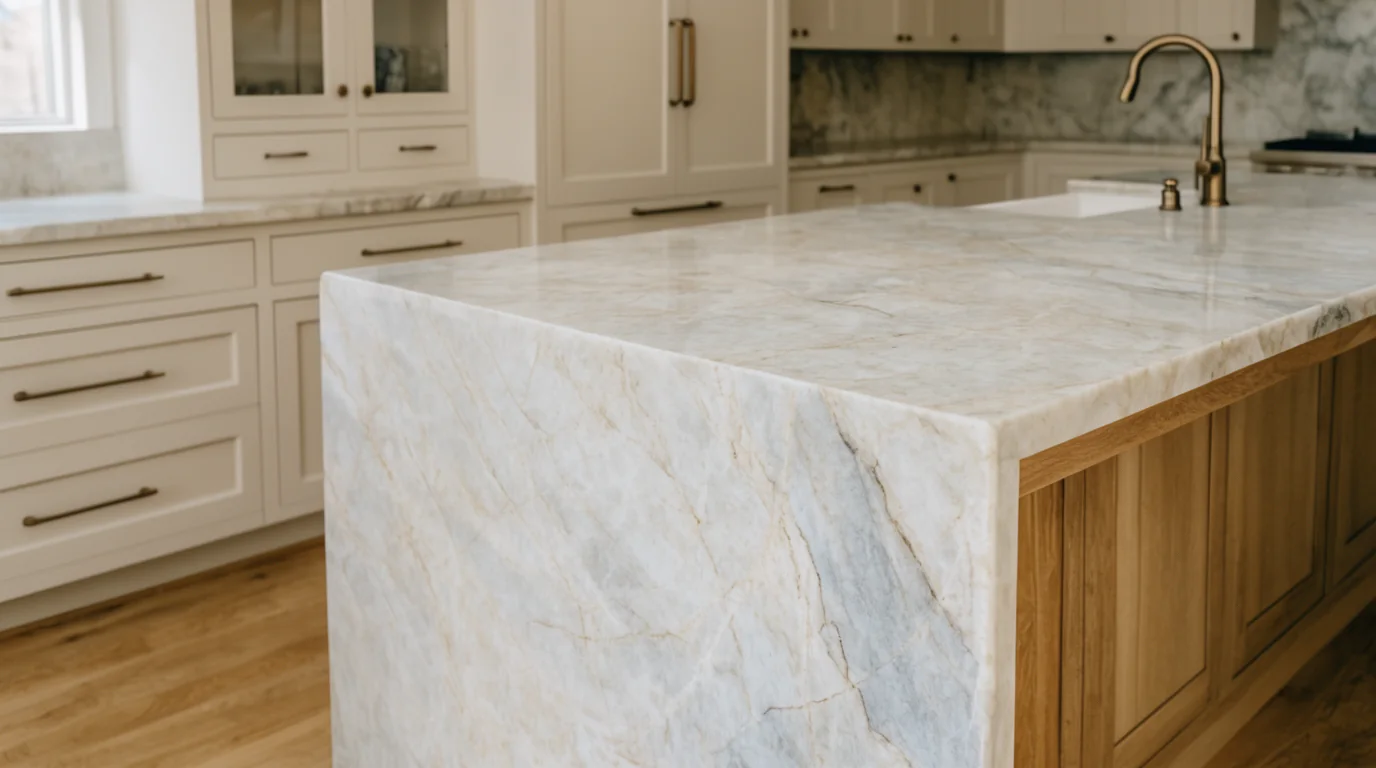 AI-generated warm transitional kitchen concept with a pale stone waterfall island